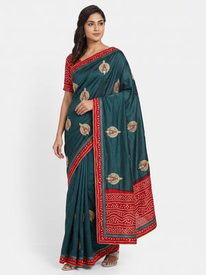 Teal Zari Embroidered Vichitra Silk Saree - Image 1