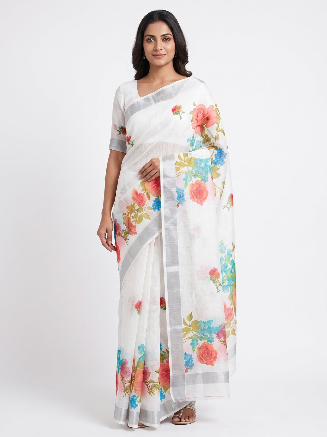 White & Grey Floral Digital Printed Linen Saree With Zari Border - Image 1