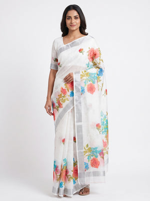 White & Grey Floral Digital Printed Linen Saree With Zari Border - Image 1