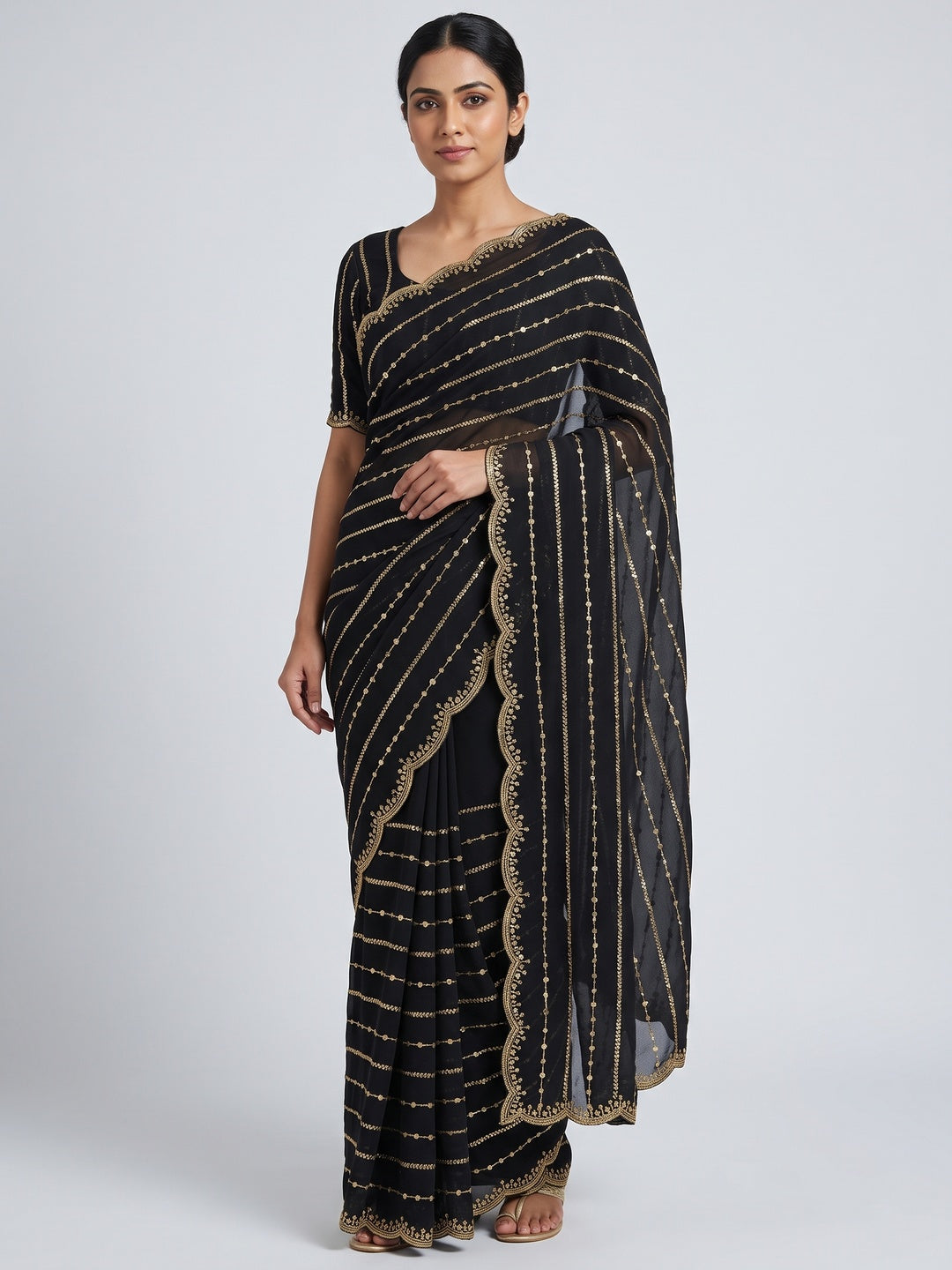 Timeless Black Striped Pattern Georgette Saree Accentuated With Elegant Sequins Embroidery Work - Image 1