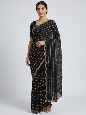 Timeless Black Striped Pattern Georgette Saree Accentuated With Elegant Sequins Embroidery Work - Image 1
