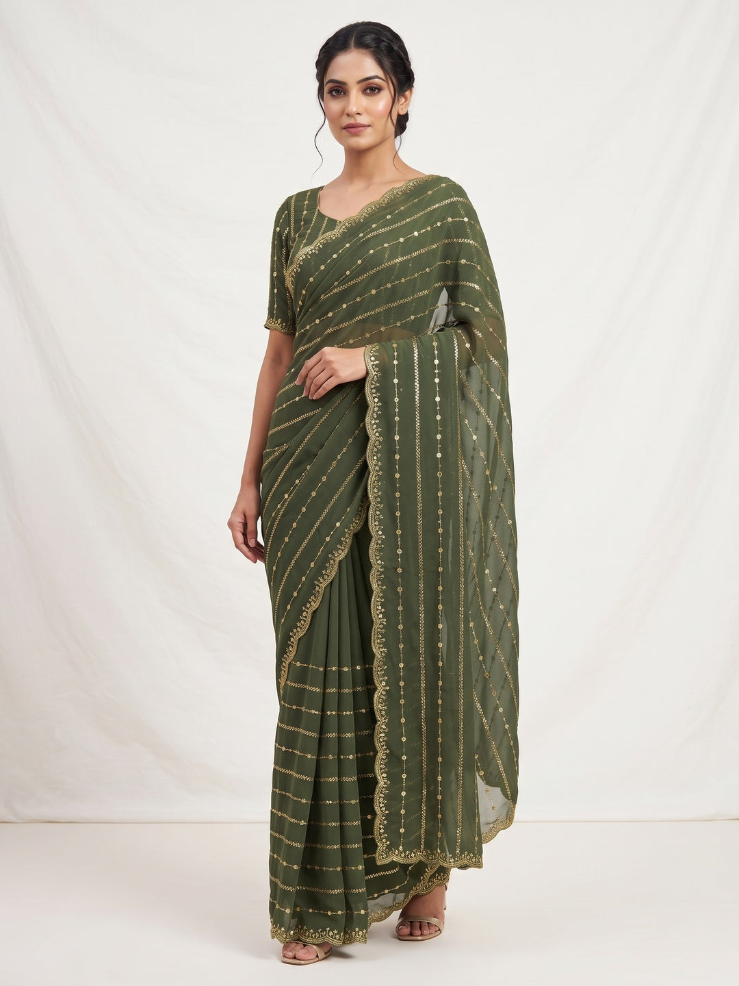 Timeless Green Striped Pattern Georgette Saree Accentuated With Elegant Sequins Embroidery Work - Image 1