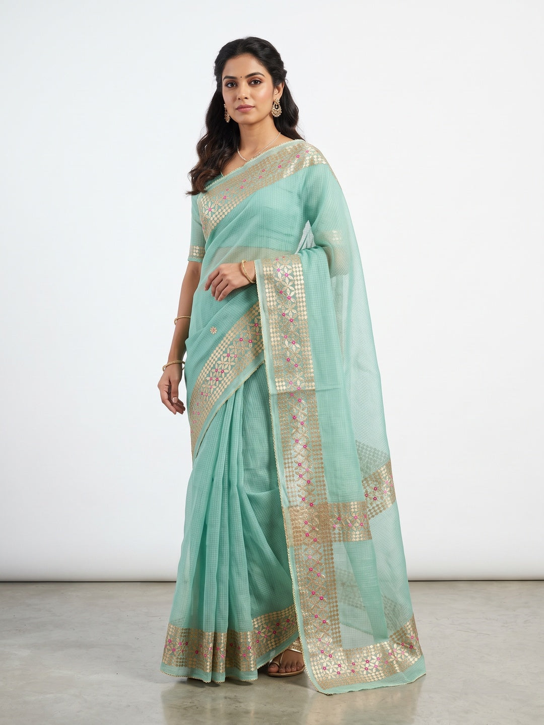 Sea Green Ethnic Kota Doria Saree Designed with Beautiful Traditional Gota Embroidery - Image 1