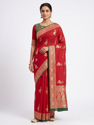 Red Traditional Muslin Soft Saree Featuring Luxurious Meenakari Zari Patterns - Image 1