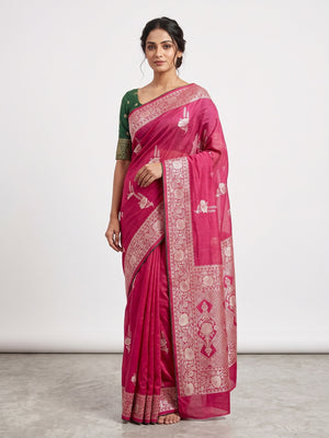 Pink Traditional Muslin Soft Saree Featuring Luxurious Meenakari Zari Patterns - Image 1