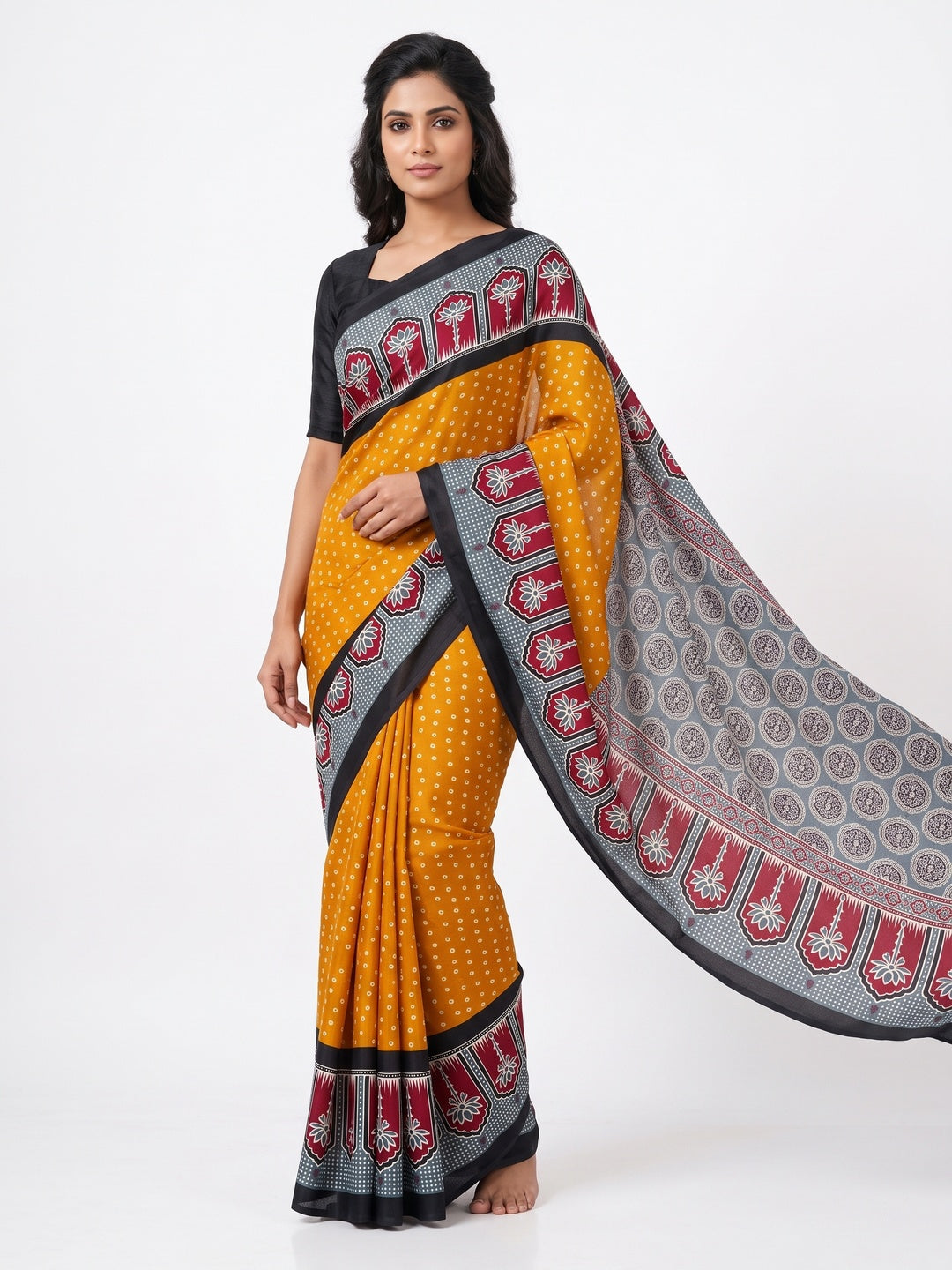 Classic Mustard Crepe Silk Saree Enhanced with Bandhani Work for Timeless Appeal - Image 1