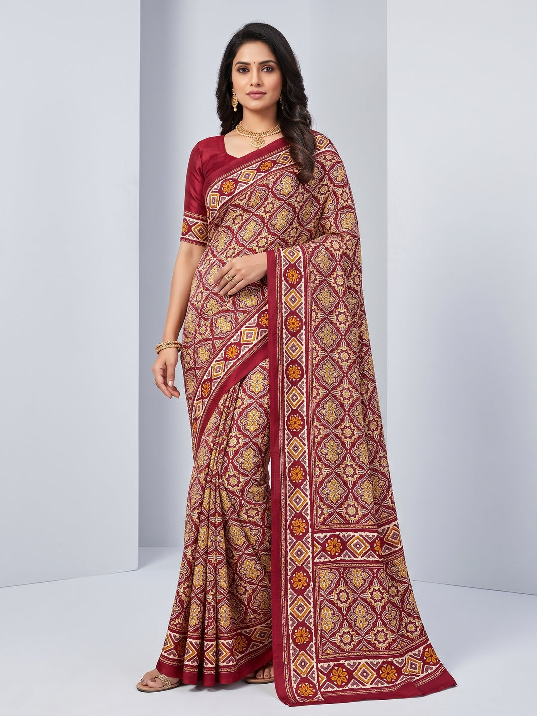 Charming Red Mill Printed Crepe Silk Saree Adorned With Vibrant Floral Design - Image 1