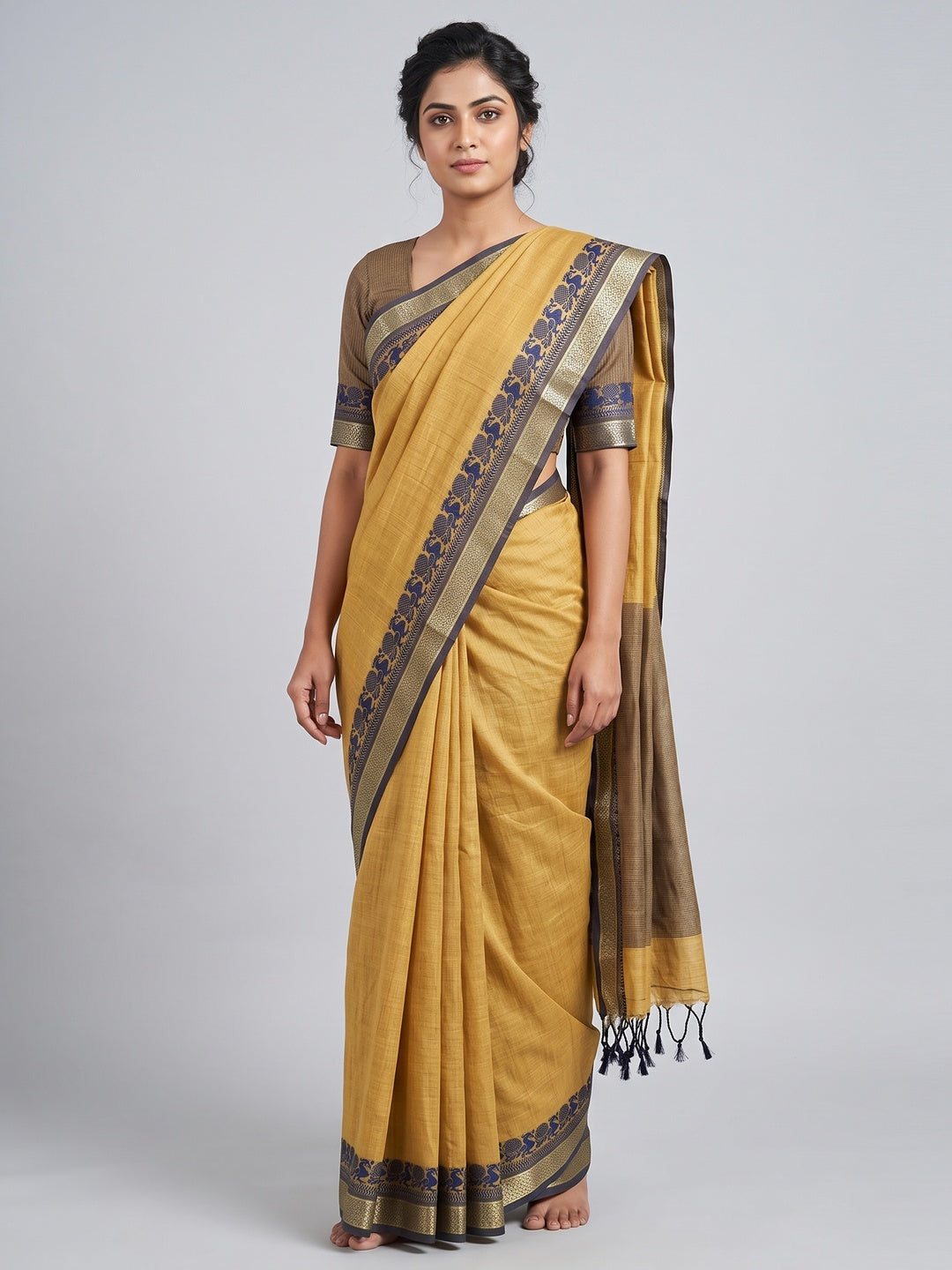 Mustard Pure Handloom Silk Saree with an Elegantly Woven Jacquard Border - Image 1