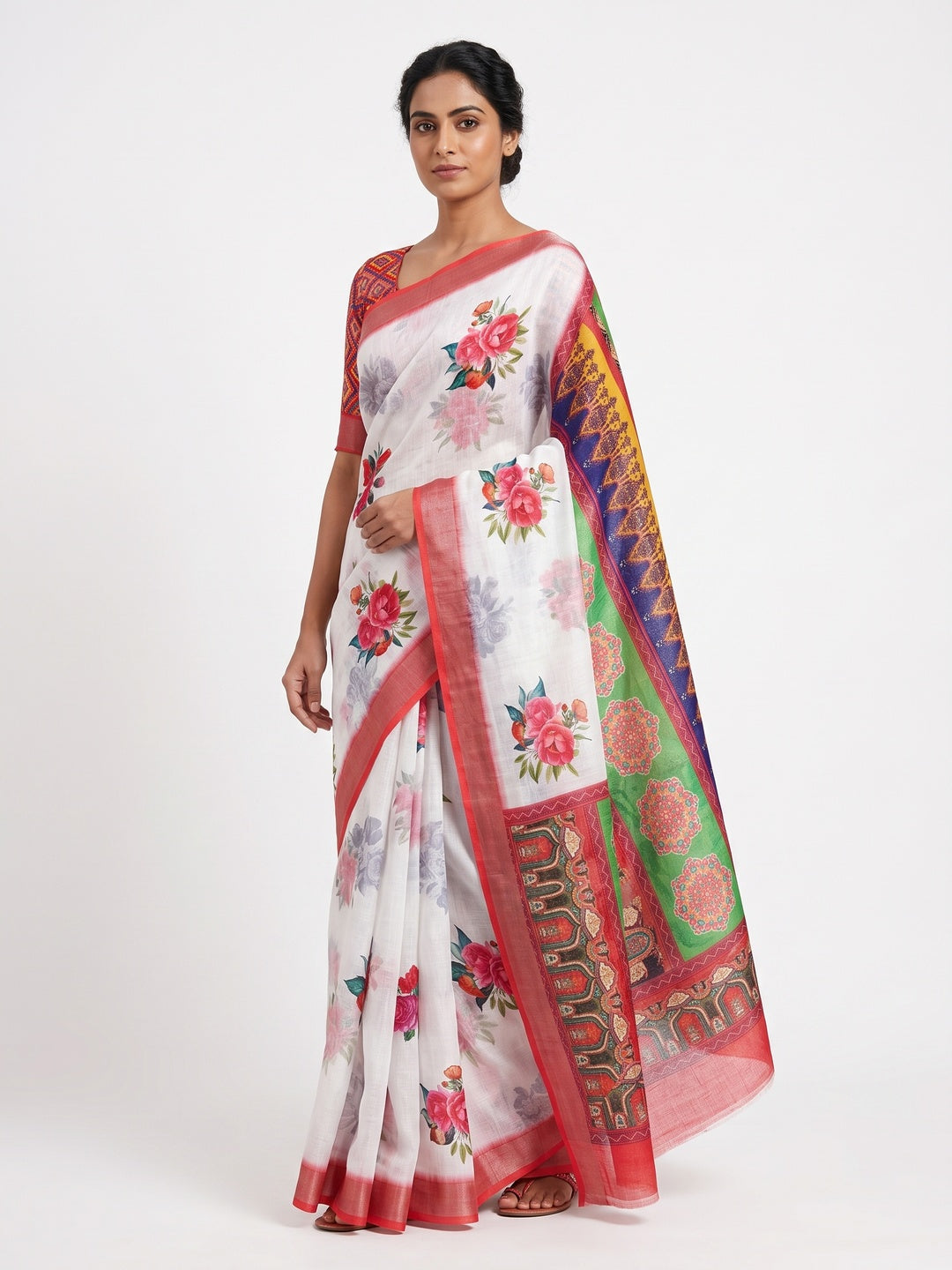 White & Red Floral Digital Printed Linen Saree With Zari Border - Image 1