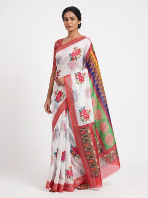 White & Red Floral Digital Printed Linen Saree With Zari Border - Image 1