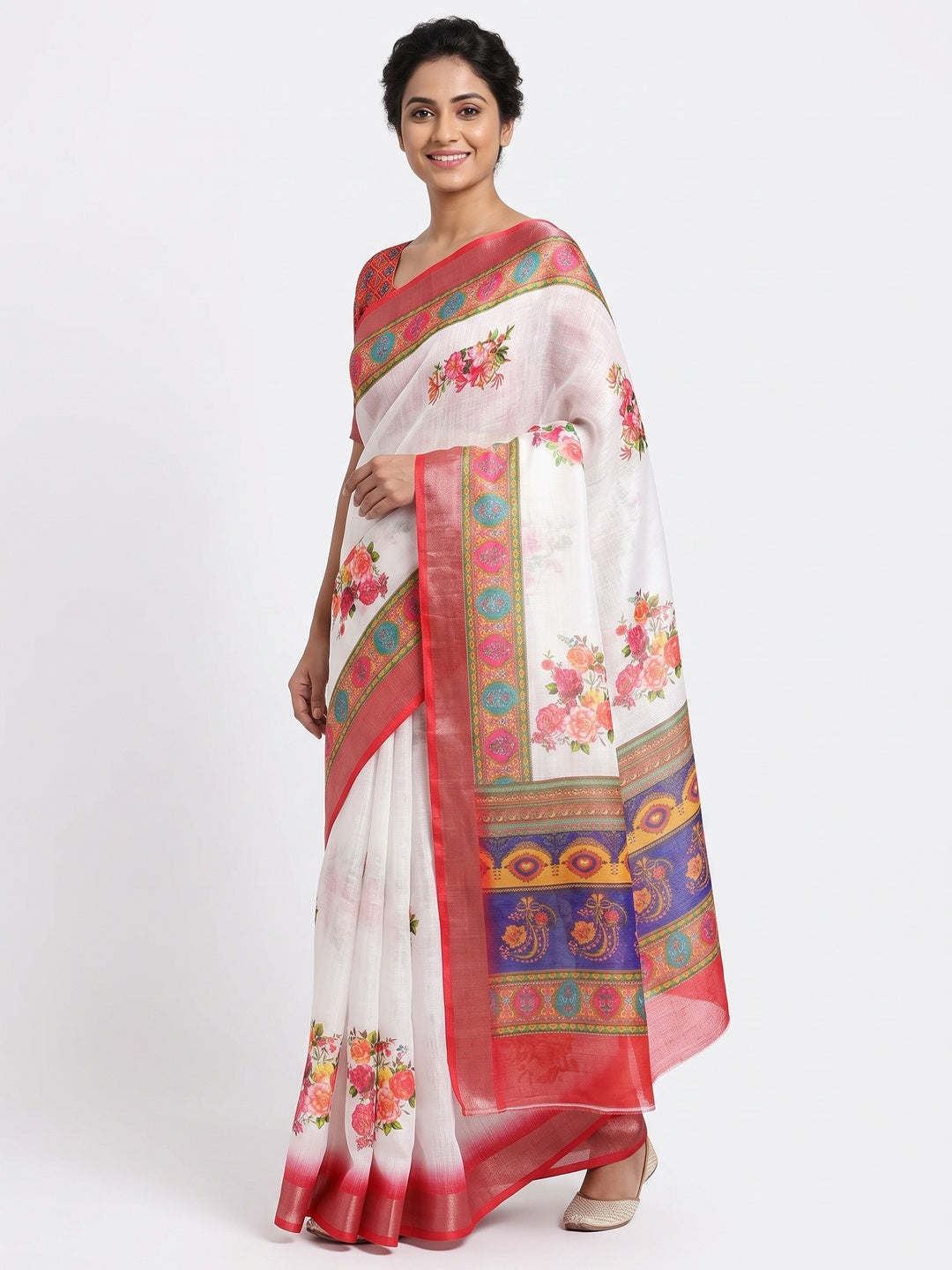 White & Red Floral Digital Printed Linen Saree With Zari Border - Image 1