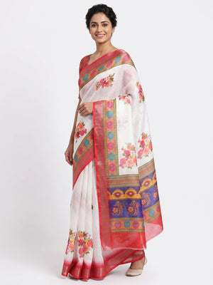 White & Red Floral Digital Printed Linen Saree With Zari Border - Image 1