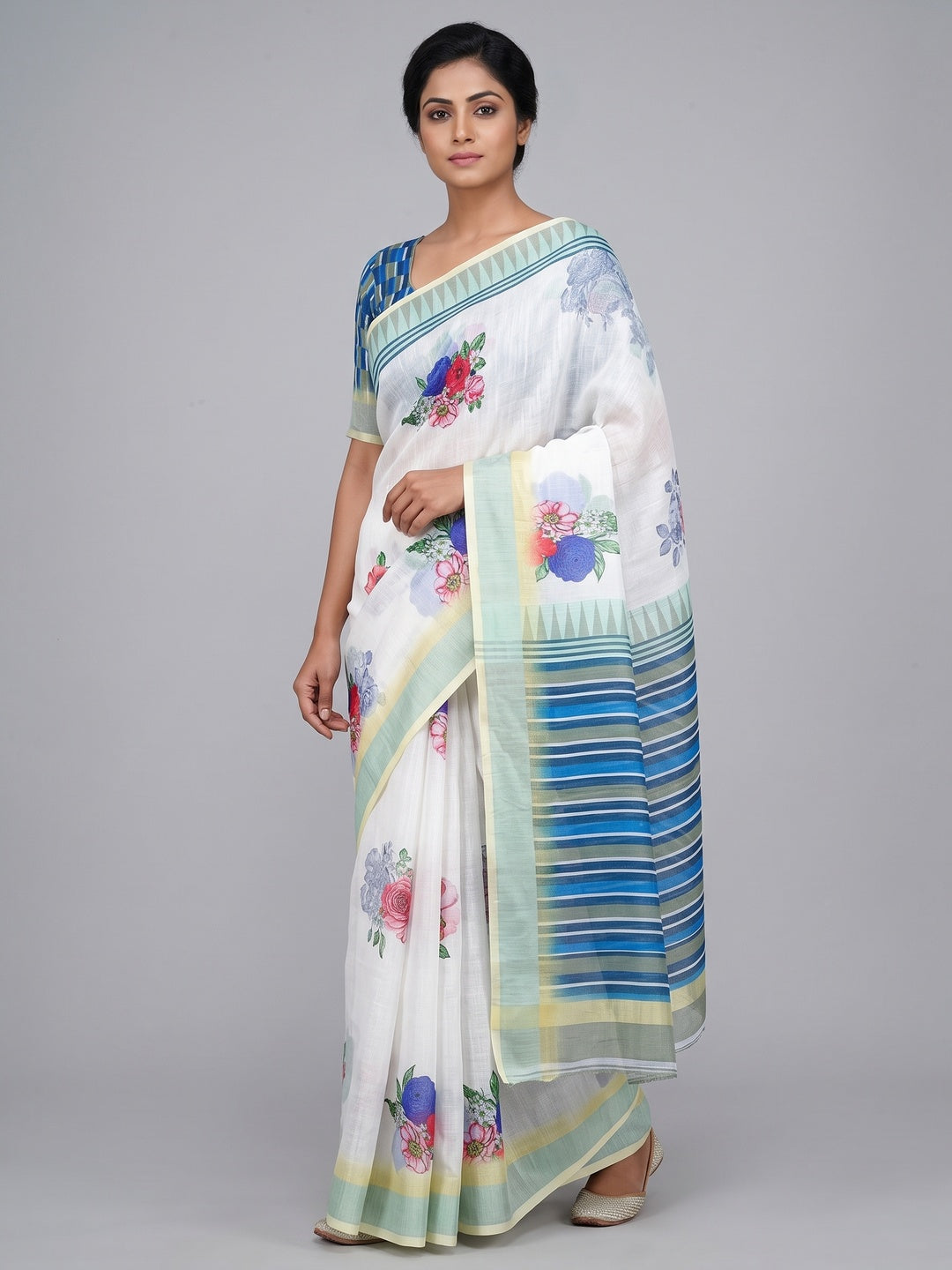 White & Light Yellow Floral Digital Printed Linen Saree With Zari Border - Image 1