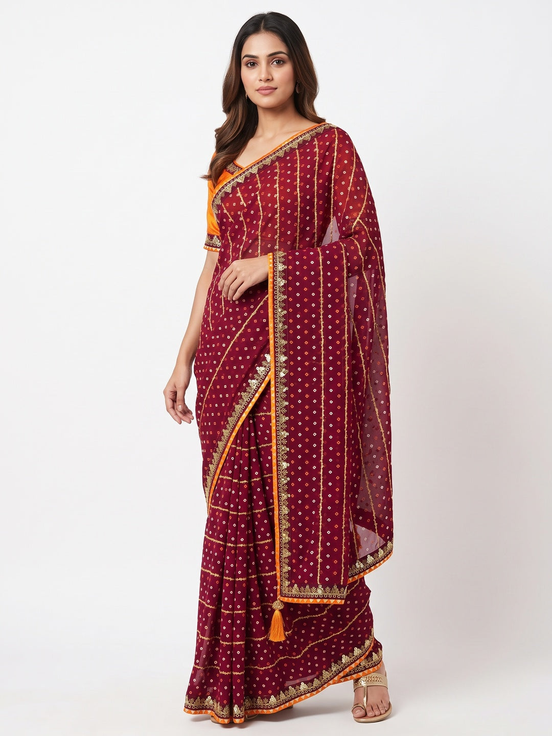 Charming Maroon Bandhani Printed Georgette Saree With Glittering Sequins & Zari Border - Image 1