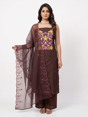Brown Cotton Blend Unstitched Dress Fabric Featuring Delicate Floral Embroidery - Image 1