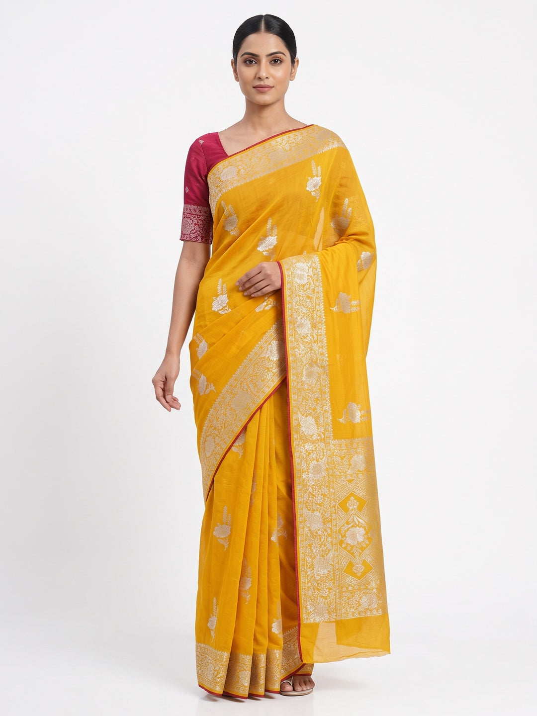 Yellow Traditional Muslin Soft Saree Featuring Luxurious Meenakari Zari Patterns - Image 1
