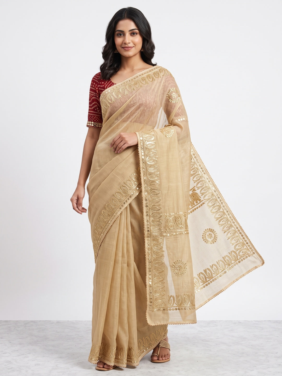 Beige Festive Kota Doria Saree Decorated with Classic Gota Work Embroidery - Image 1