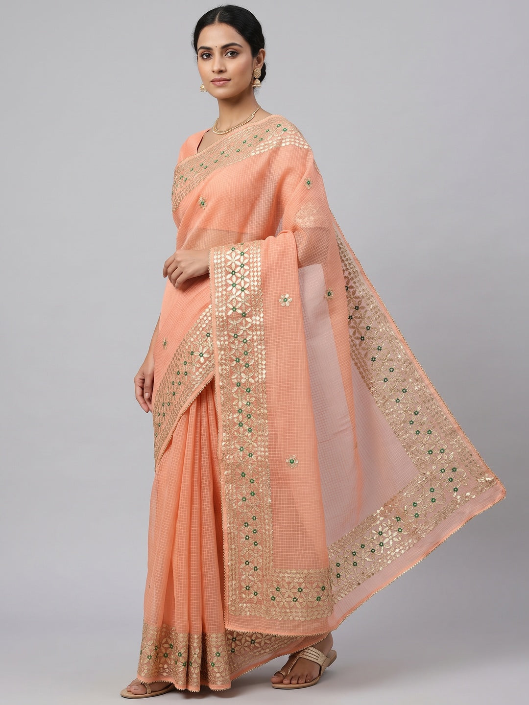 Peach Ethnic Kota Doria Saree Designed with Beautiful Traditional Gota Embroidery - Image 1
