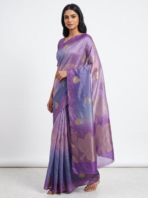 Purple Silk Blend Saree With Intricate Zari Leaf Motifs - Image 1