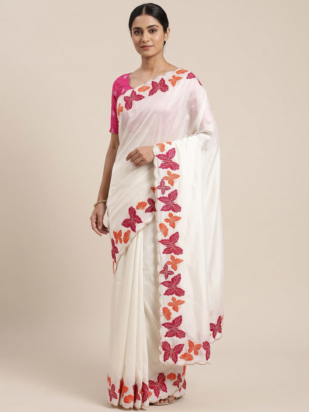 Off White Pure Vichitra Silk Saree with Graceful Butterfly Inspired Embroidery Detailing - Image 1