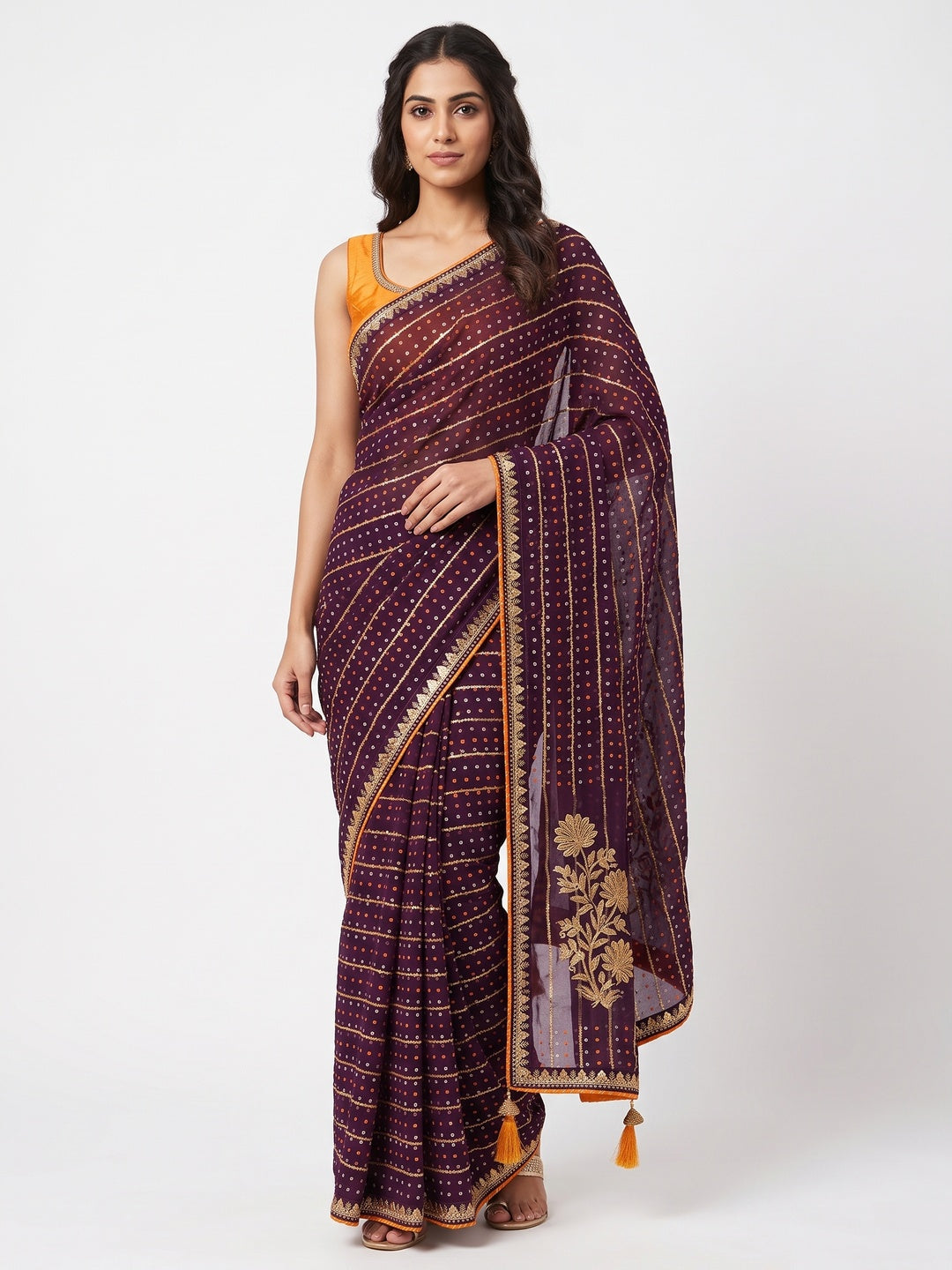 Charming Wine Bandhani Printed Georgette Saree With Glittering Sequins & Zari Border - Image 1