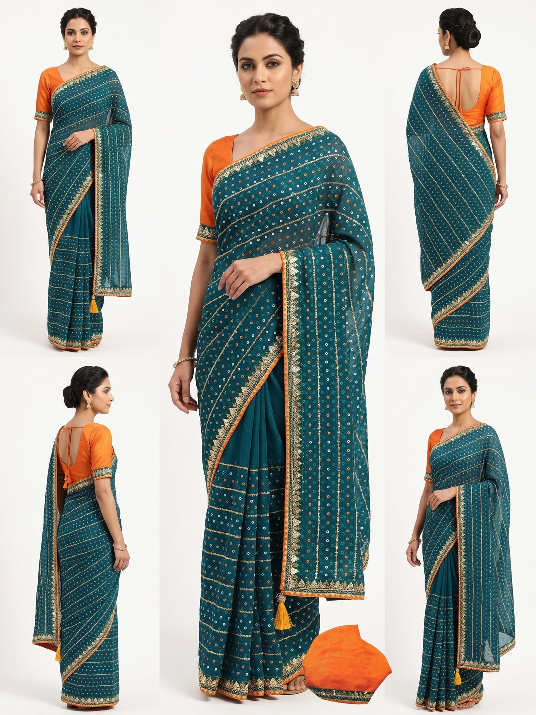 Charming Teal Bandhani Printed Georgette Saree With Glittering Sequins & Zari Border - Image 1