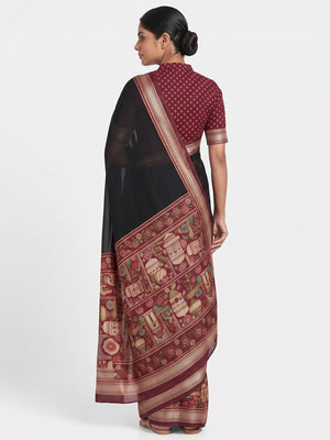 Traditional Print Mulmul Cotton Saree in Black with Elegant Zari Border - Image 2