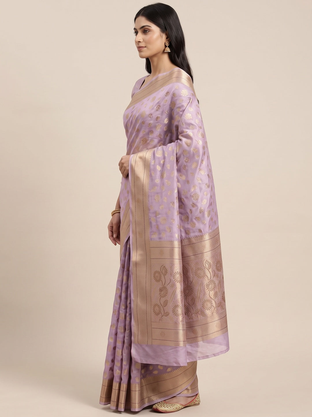 Radiant Lavender Tissue Banarasi Saree With Intricate Floral Zari Weaving & Stone Embellishments - Image 3