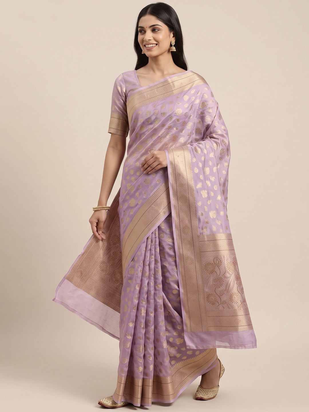 Radiant Lavender Tissue Banarasi Saree With Intricate Floral Zari Weaving & Stone Embellishments - Image 4