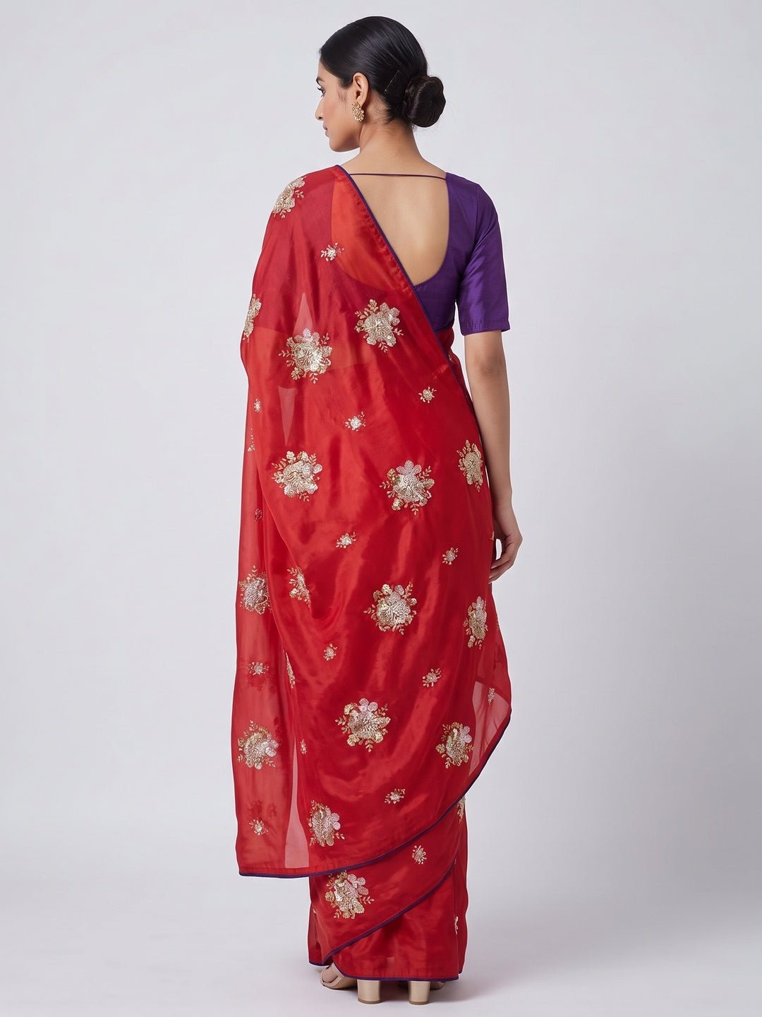 Party Wear Red Satin Silk Saree with Intricate Bead and Sequin Detailing - Image 2