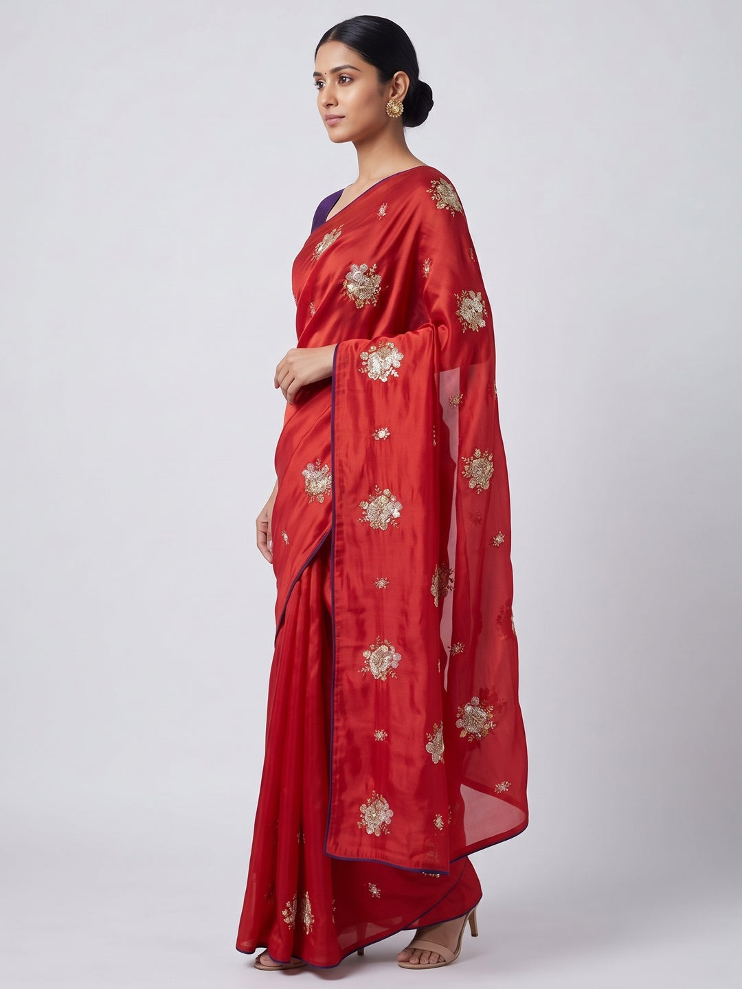 Party Wear Red Satin Silk Saree with Intricate Bead and Sequin Detailing - Image 5