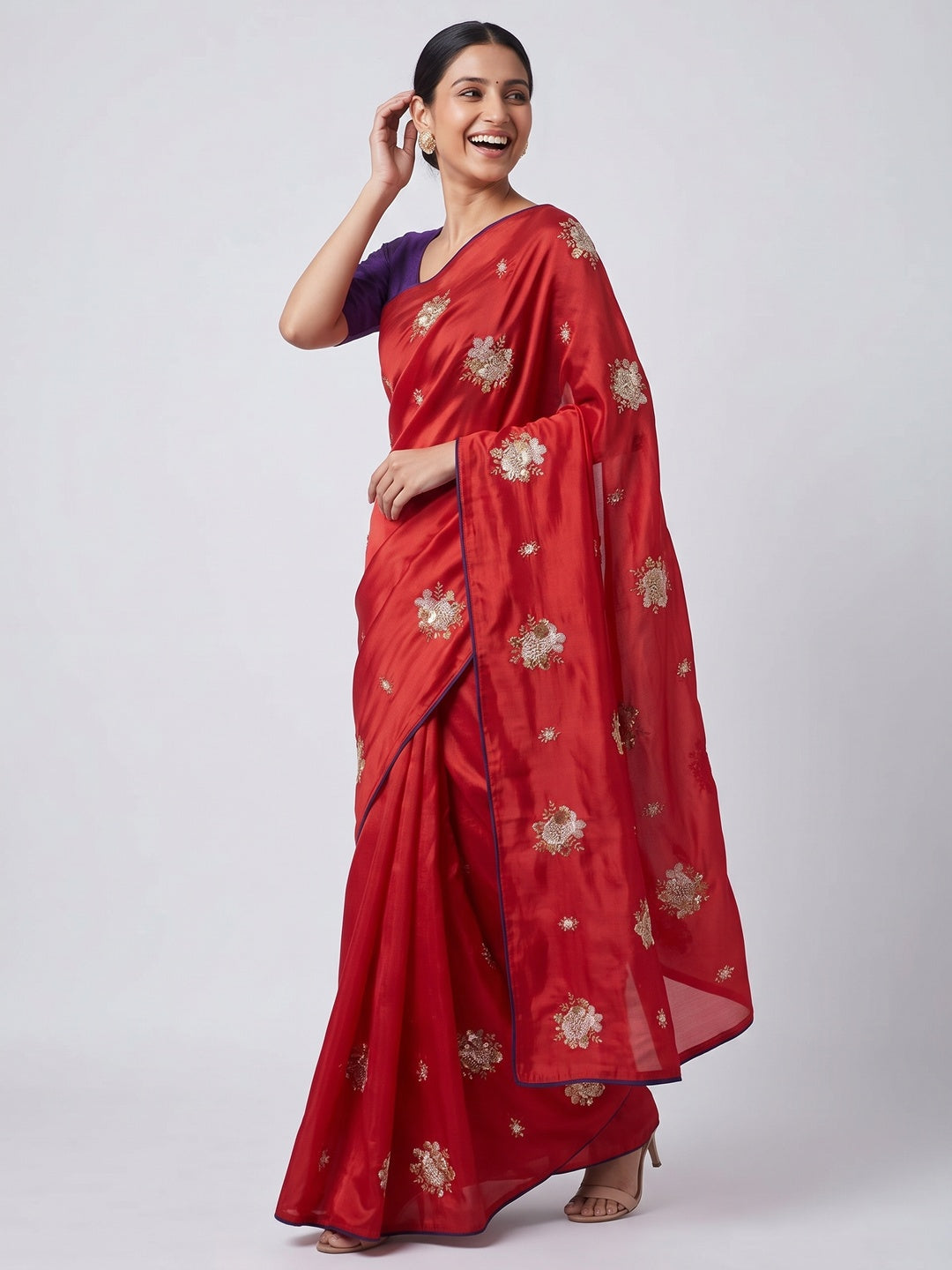 Party Wear Red Satin Silk Saree with Intricate Bead and Sequin Detailing - Image 4