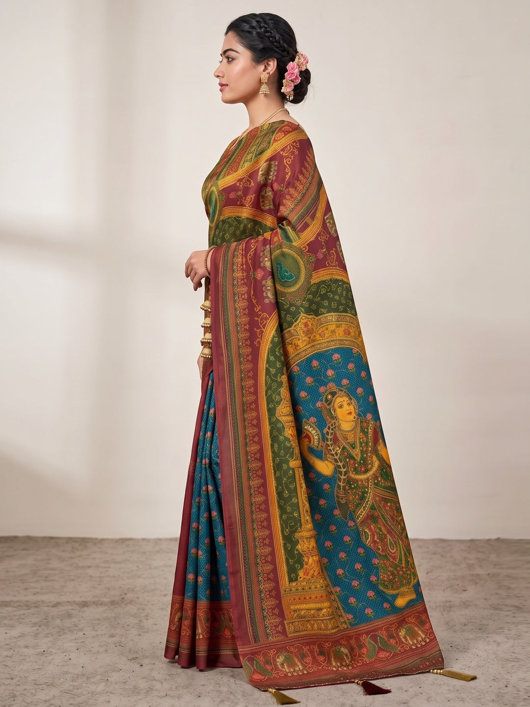 Peachmode Maroon Rashmika Rangoli Silk Saree With Bead Work - Image 5