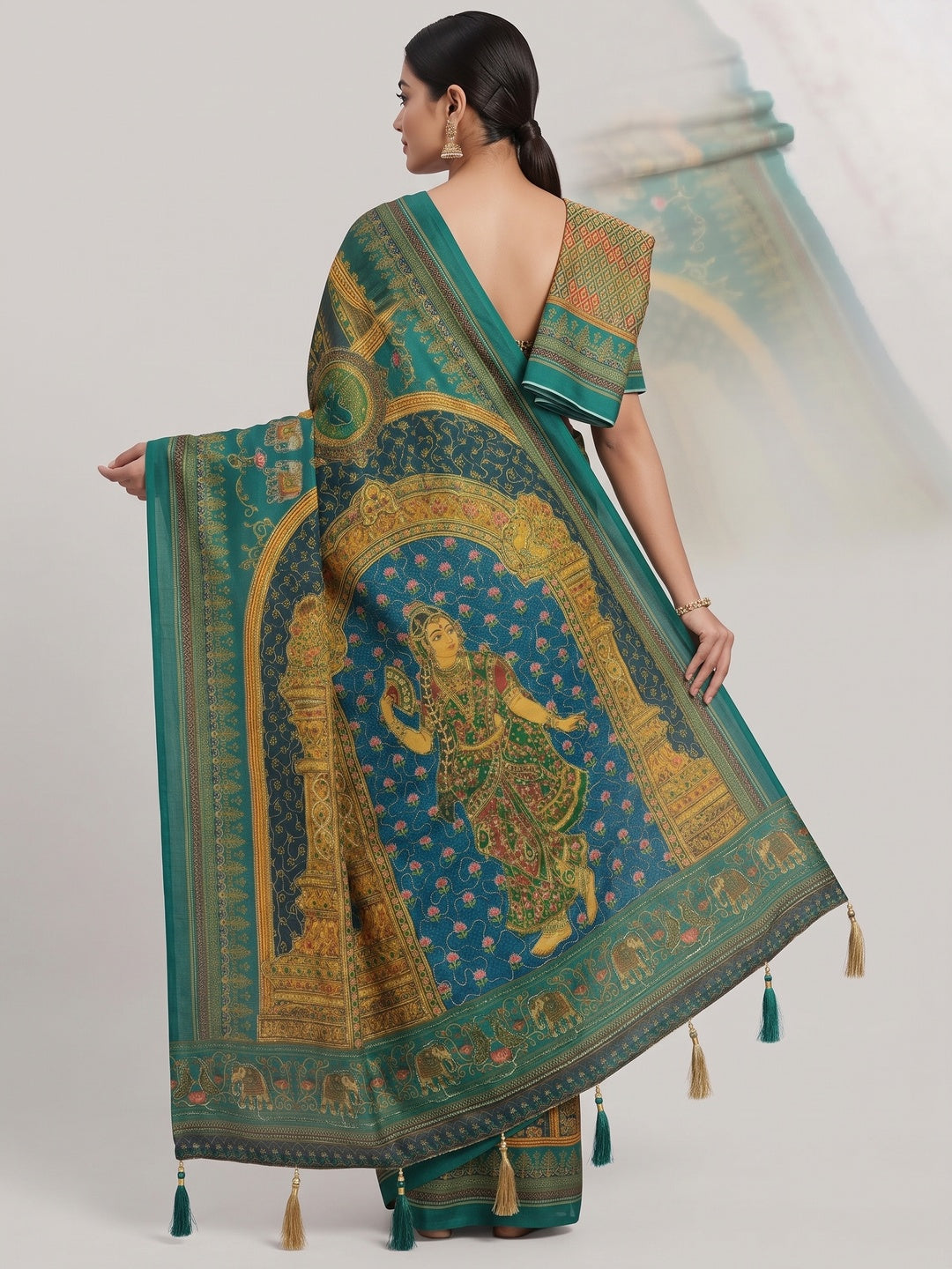 Peachmode Rama Green Rashmika Rangoli Silk Saree With Bead Work - Image 4