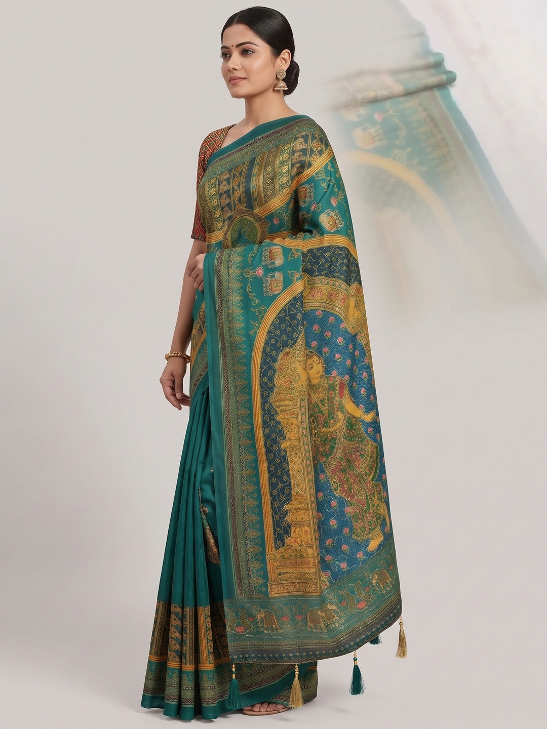 Peachmode Rama Green Rashmika Rangoli Silk Saree With Bead Work - Image 5