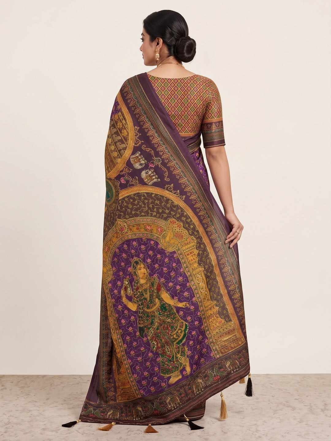 Peachmode Purple Rashmika Rangoli Silk Saree With Bead Work - Image 5