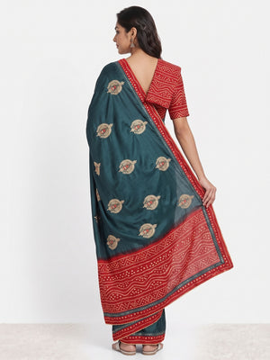 Teal Zari Embroidered Vichitra Silk Saree - Image 2