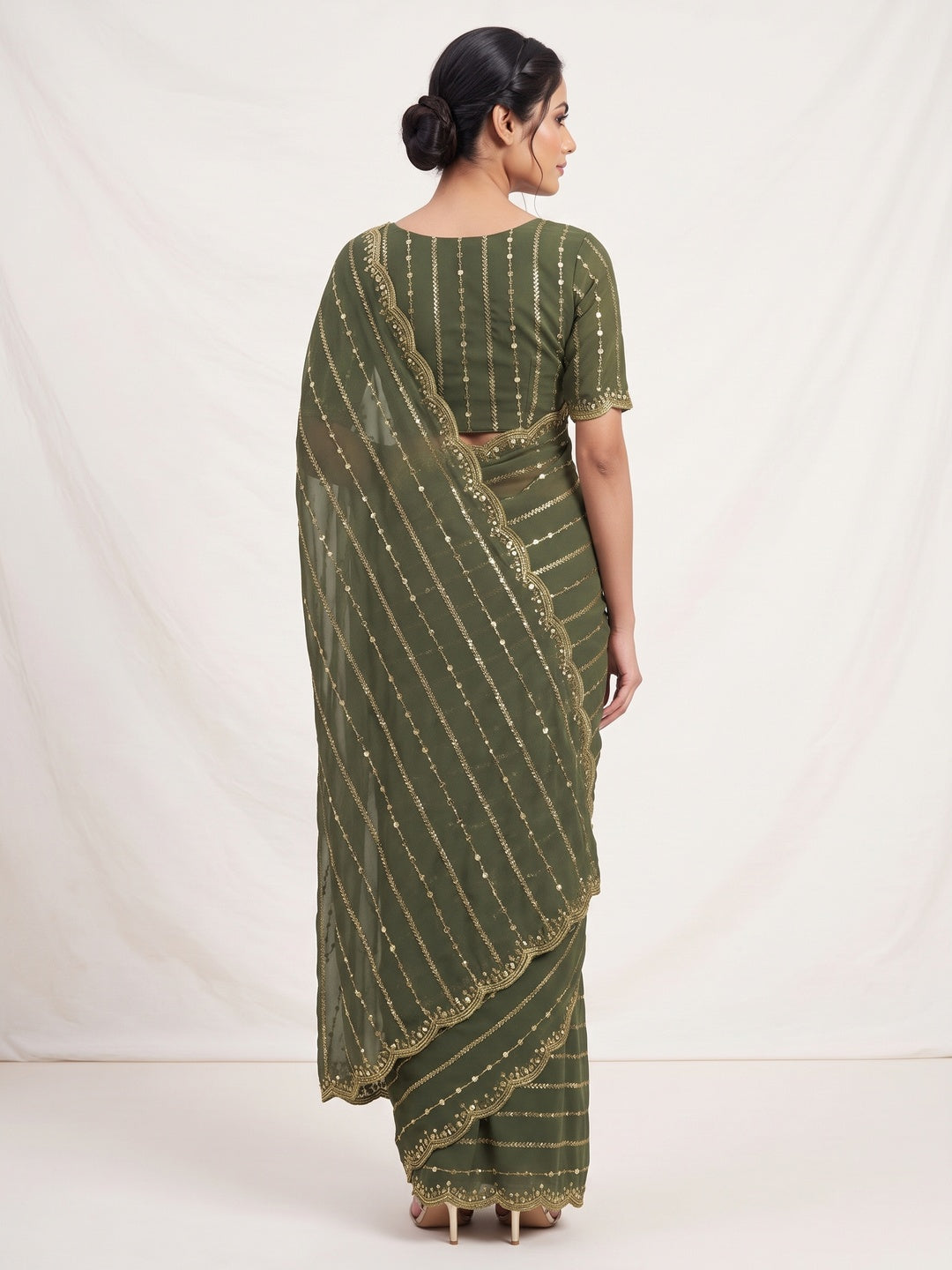 Timeless Green Striped Pattern Georgette Saree Accentuated With Elegant Sequins Embroidery Work - Image 2