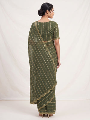 Timeless Green Striped Pattern Georgette Saree Accentuated With Elegant Sequins Embroidery Work - Image 2