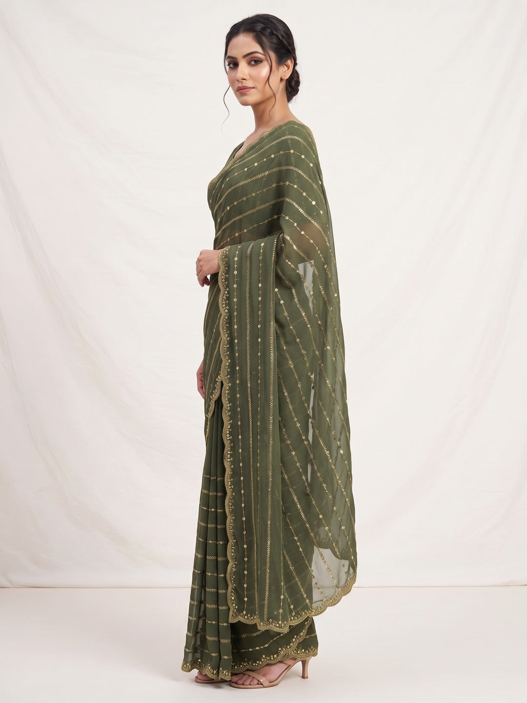 Timeless Green Striped Pattern Georgette Saree Accentuated With Elegant Sequins Embroidery Work - Image 3