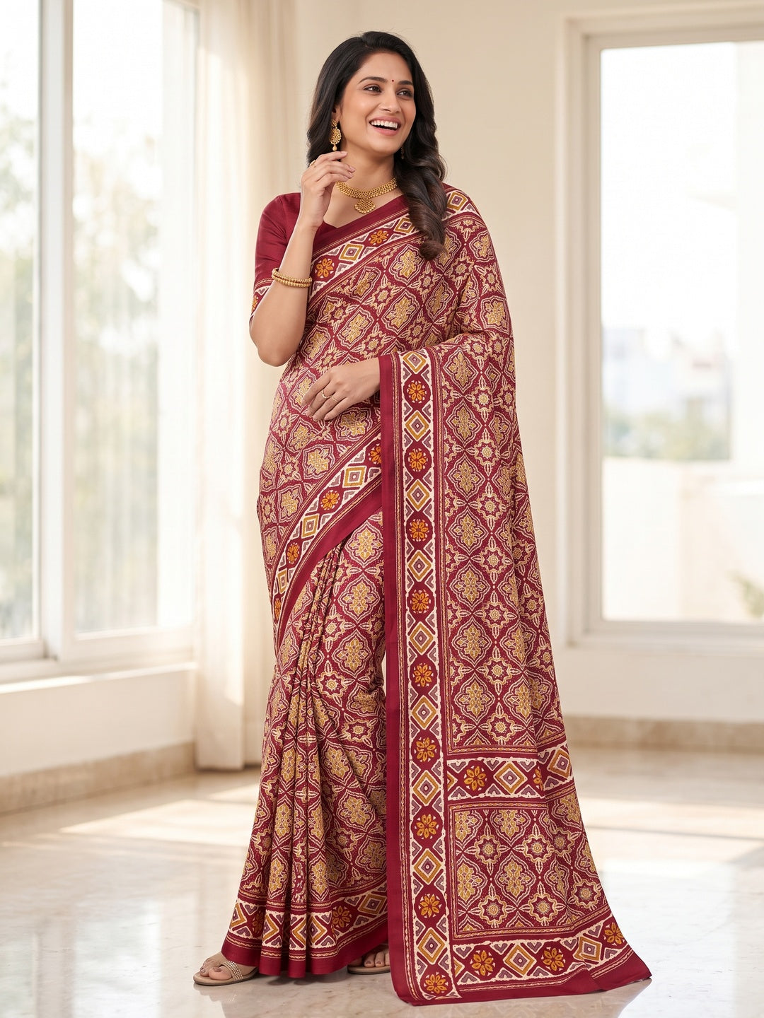 Charming Red Mill Printed Crepe Silk Saree Adorned With Vibrant Floral Design - Image 4