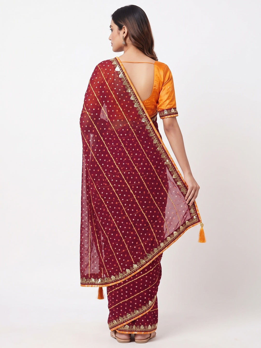 Charming Maroon Bandhani Printed Georgette Saree With Glittering Sequins & Zari Border - Image 2