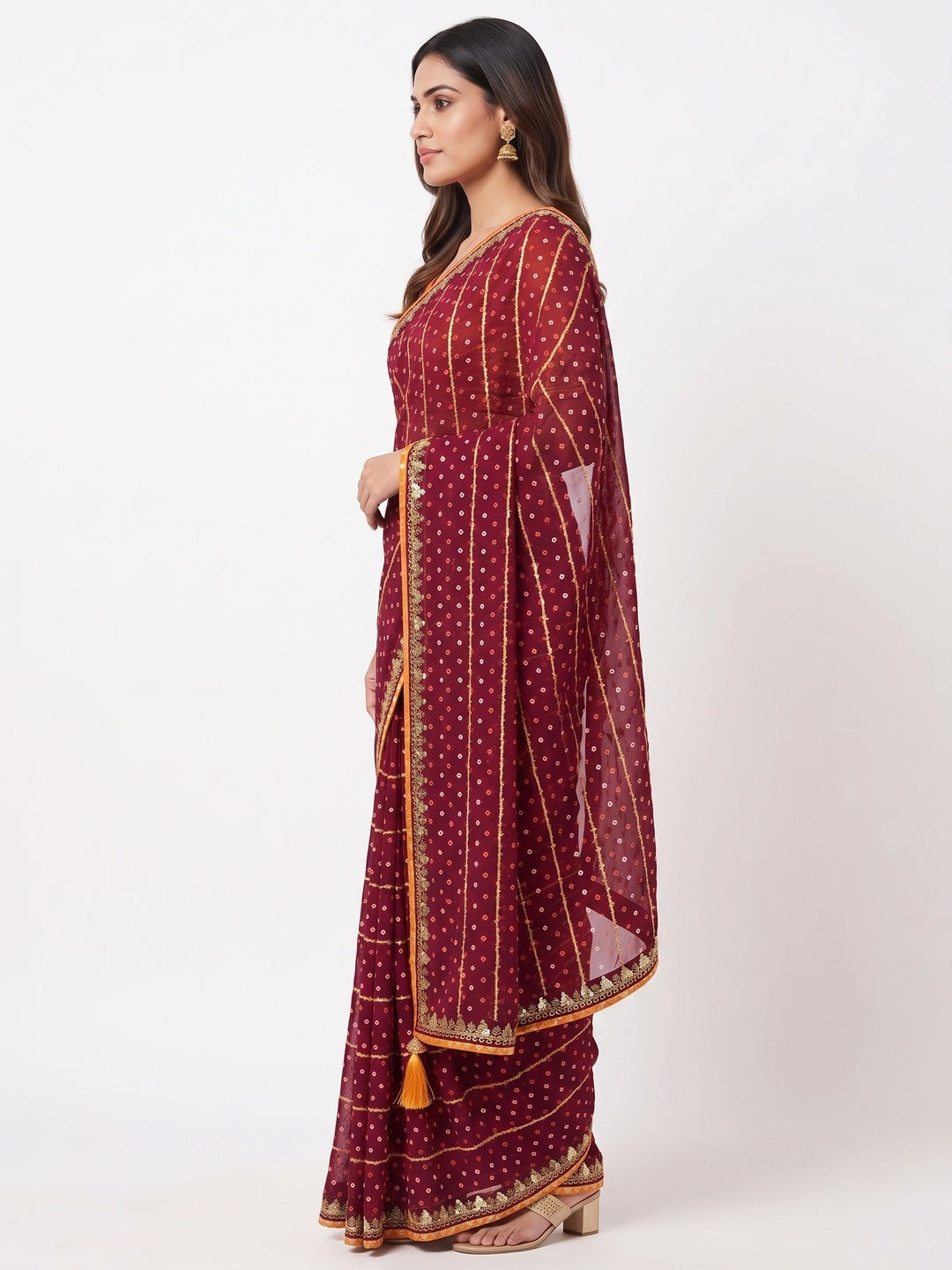 Charming Maroon Bandhani Printed Georgette Saree With Glittering Sequins & Zari Border - Image 3