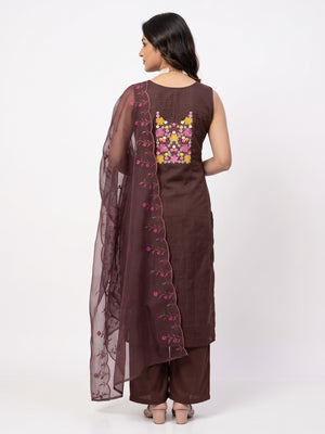 Brown Cotton Blend Unstitched Dress Fabric Featuring Delicate Floral Embroidery - Image 2