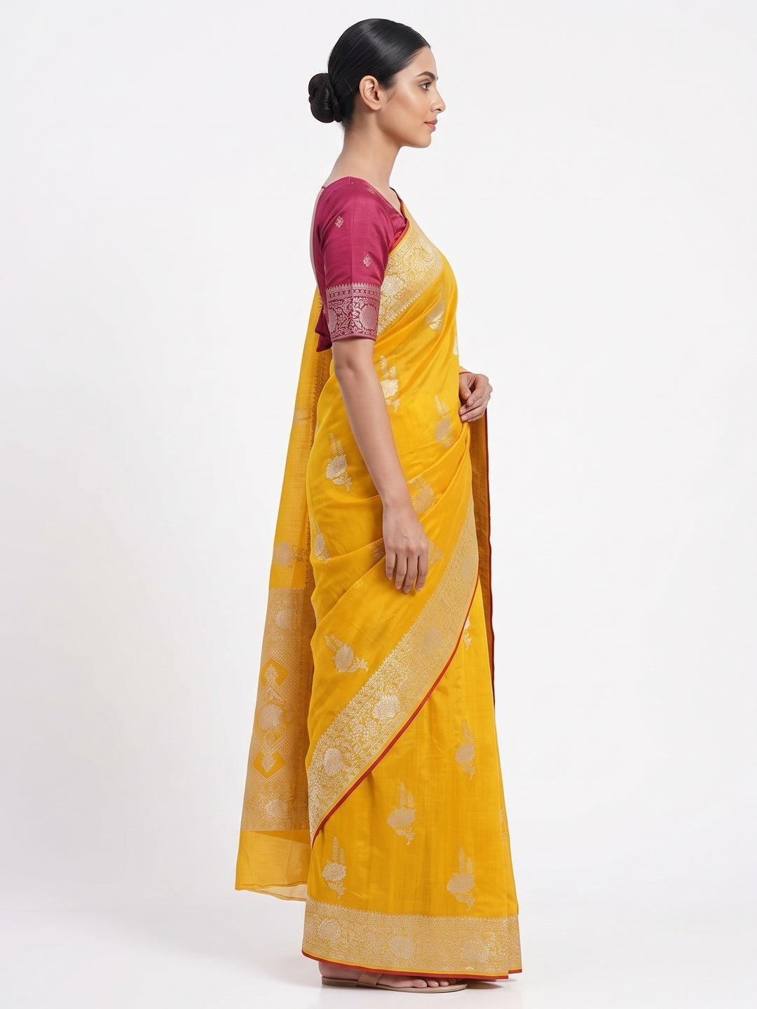 Yellow Traditional Muslin Soft Saree Featuring Luxurious Meenakari Zari Patterns - Image 3