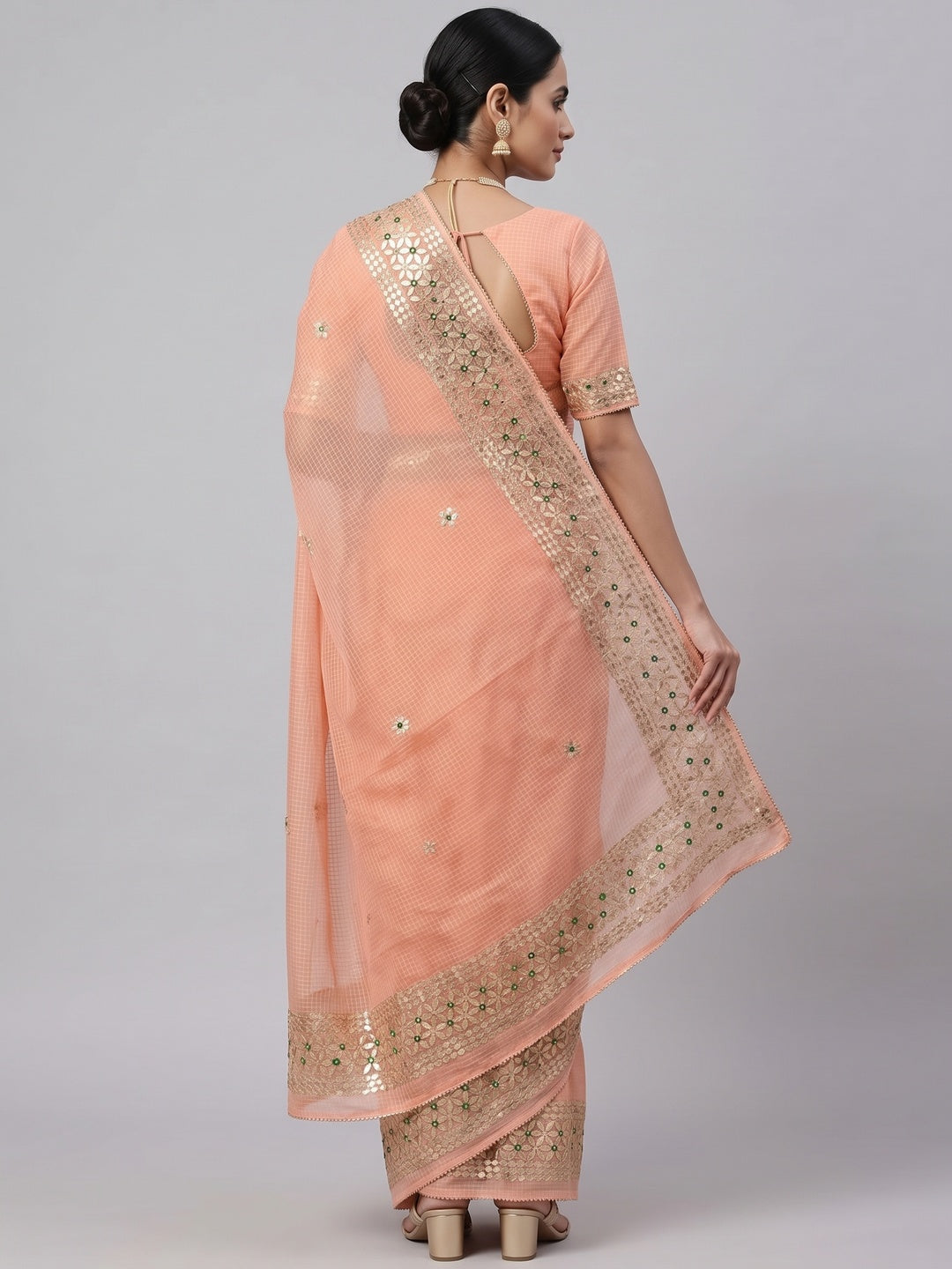Peach Ethnic Kota Doria Saree Designed with Beautiful Traditional Gota Embroidery - Image 2