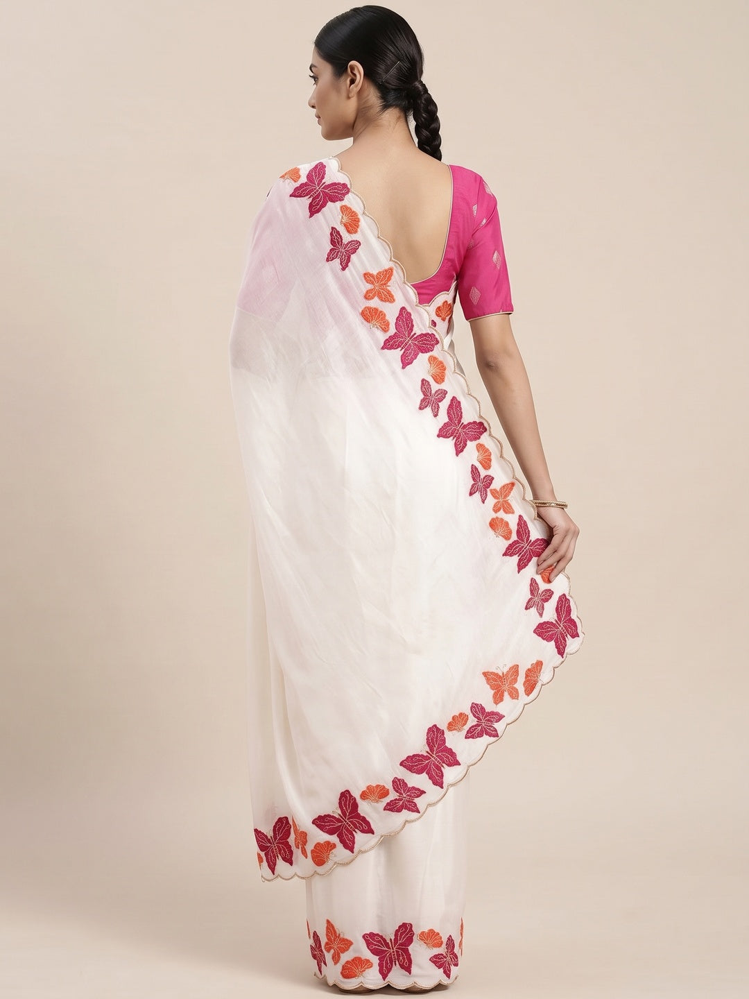 Off White Pure Vichitra Silk Saree with Graceful Butterfly Inspired Embroidery Detailing - Image 2