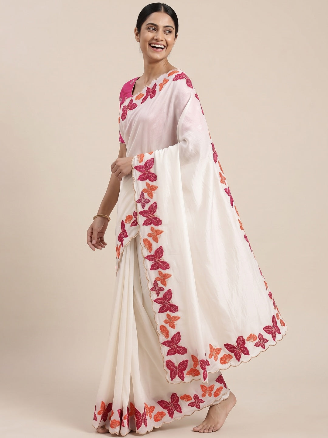 Off White Pure Vichitra Silk Saree with Graceful Butterfly Inspired Embroidery Detailing - Image 4