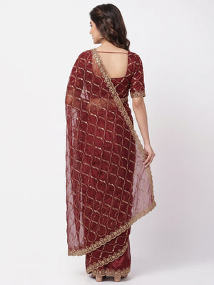 Maroon Partywear Organza Chiffon Silk Saree Highlighted with Fine Sequins Detailing - Image 2