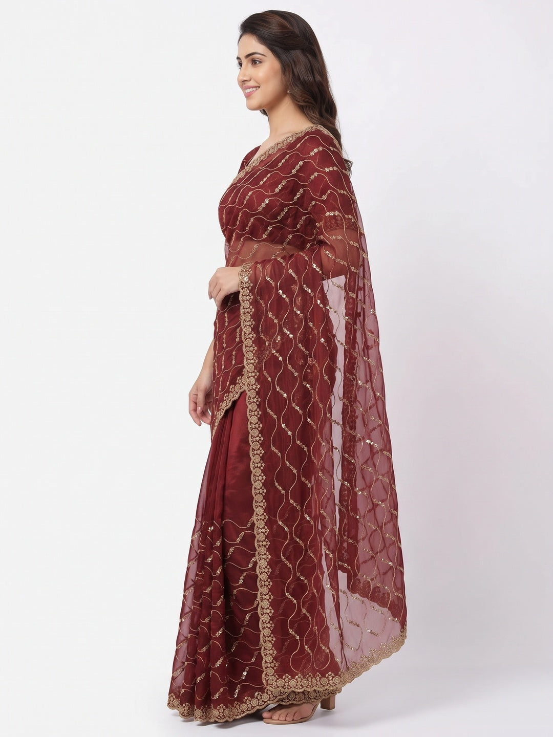 Maroon Partywear Organza Chiffon Silk Saree Highlighted with Fine Sequins Detailing - Image 3